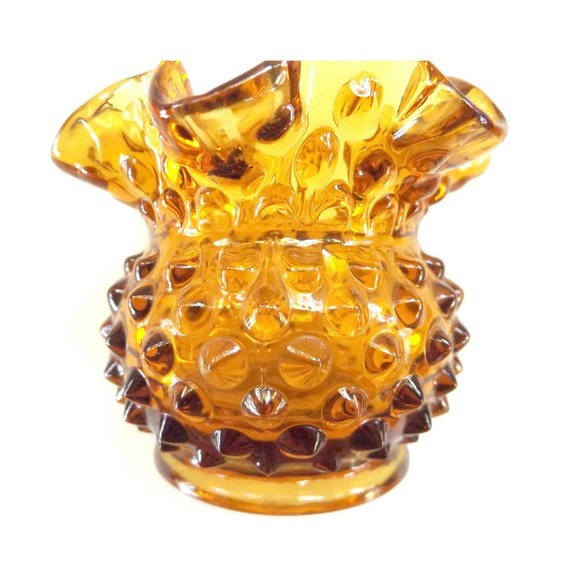 fenton Other - Amber Glass Hobnail Crimped Rose Bowl Vase 1940s Fenton